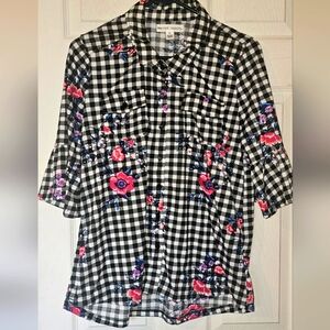 Black and White Checkered Floral Blouse